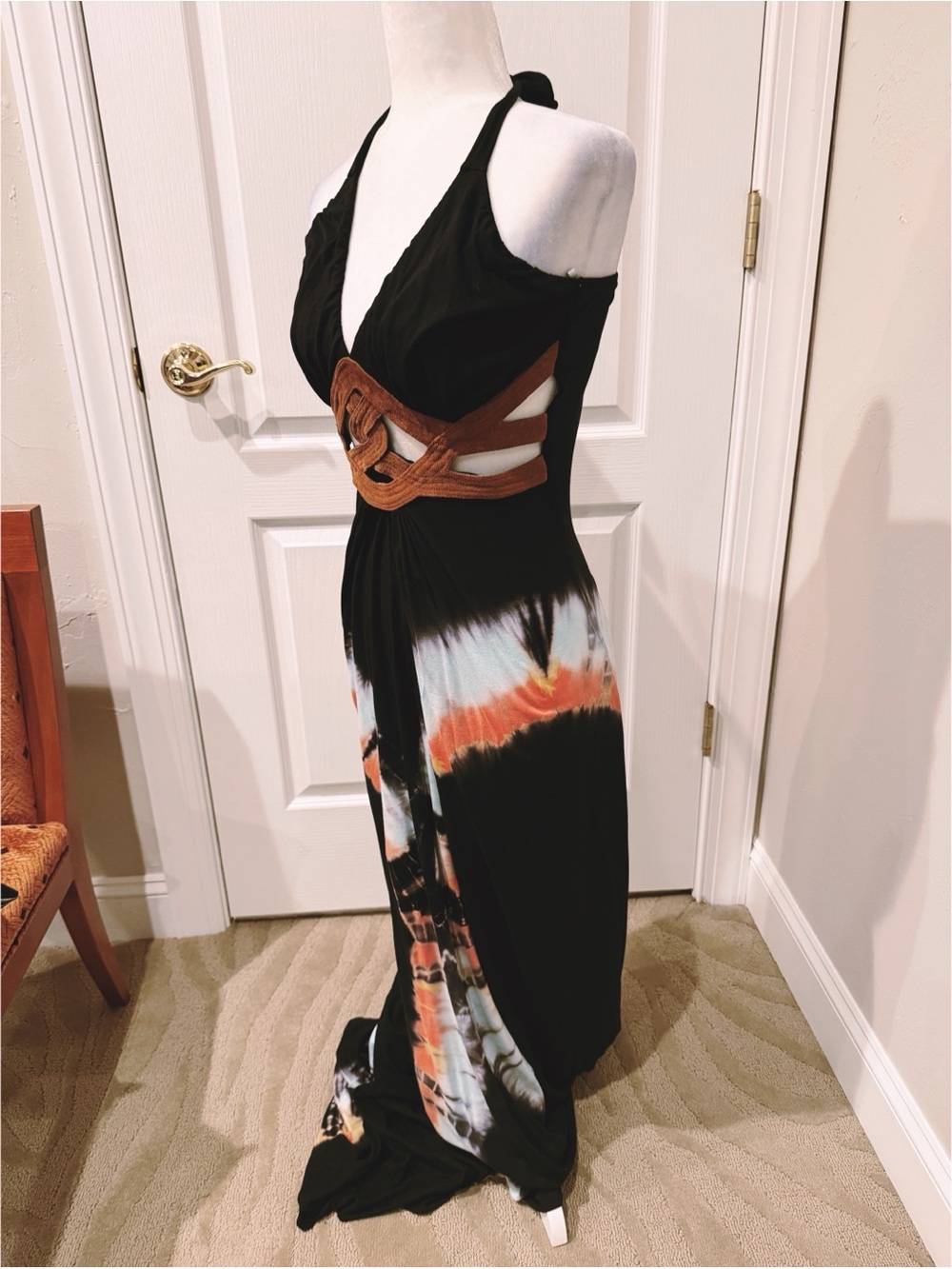NWT Sky Navy Halter Maxi Dress with Tie-Dye Accents and Suede Cut Outs - Picture 2 of 4